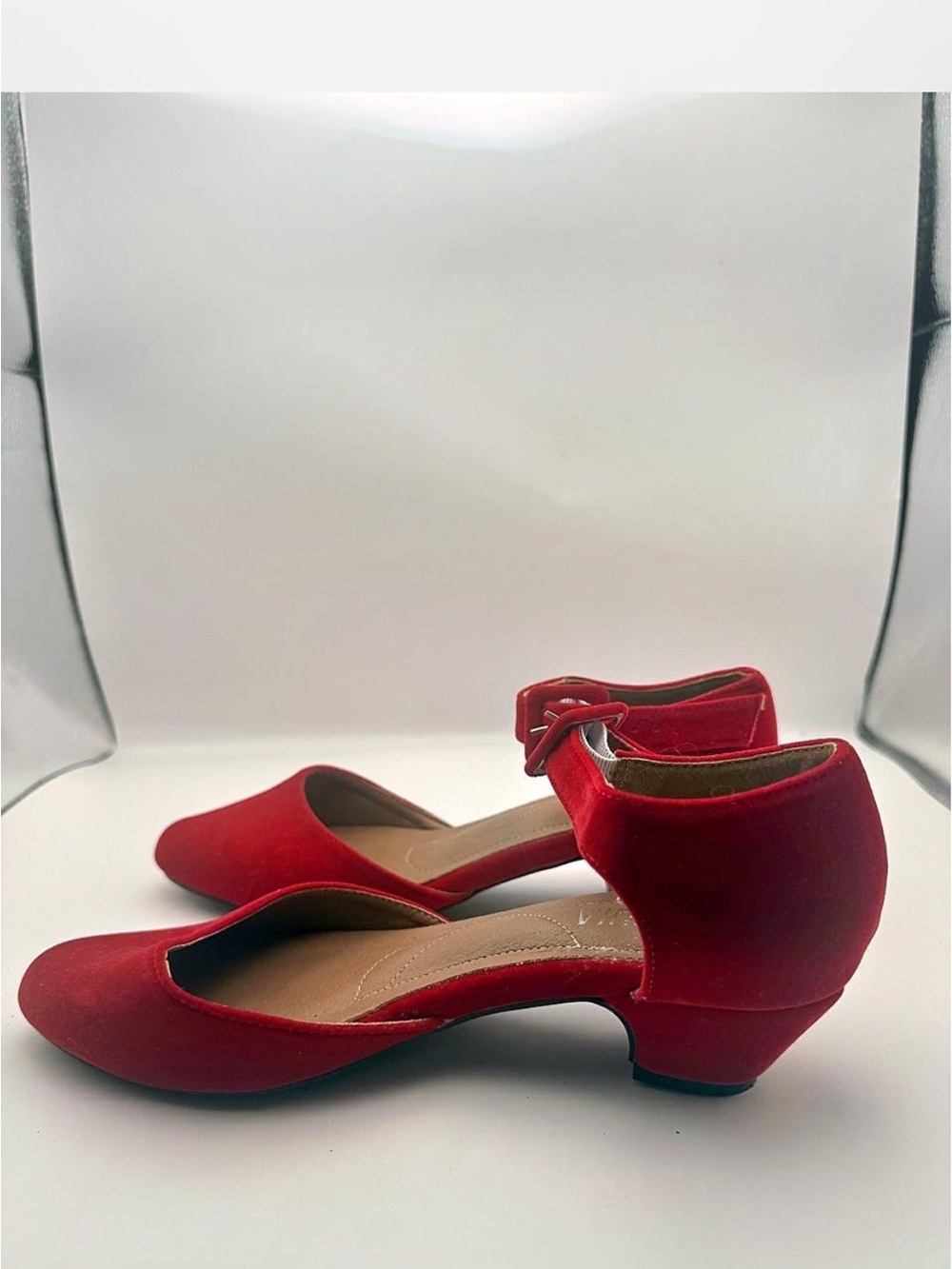 Amazon Red Suede Low Block Heel Ankle-Strap Pumps